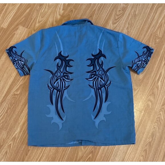 Seven Two Five Shirt Button Up Boys Blue Tribal Large Short Sleeve Double Sided - Picture 9 of 9